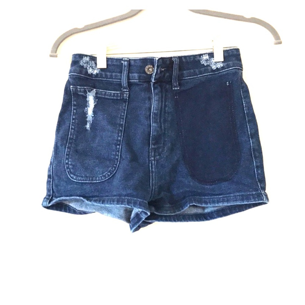 High waisted dark blue denim shorts